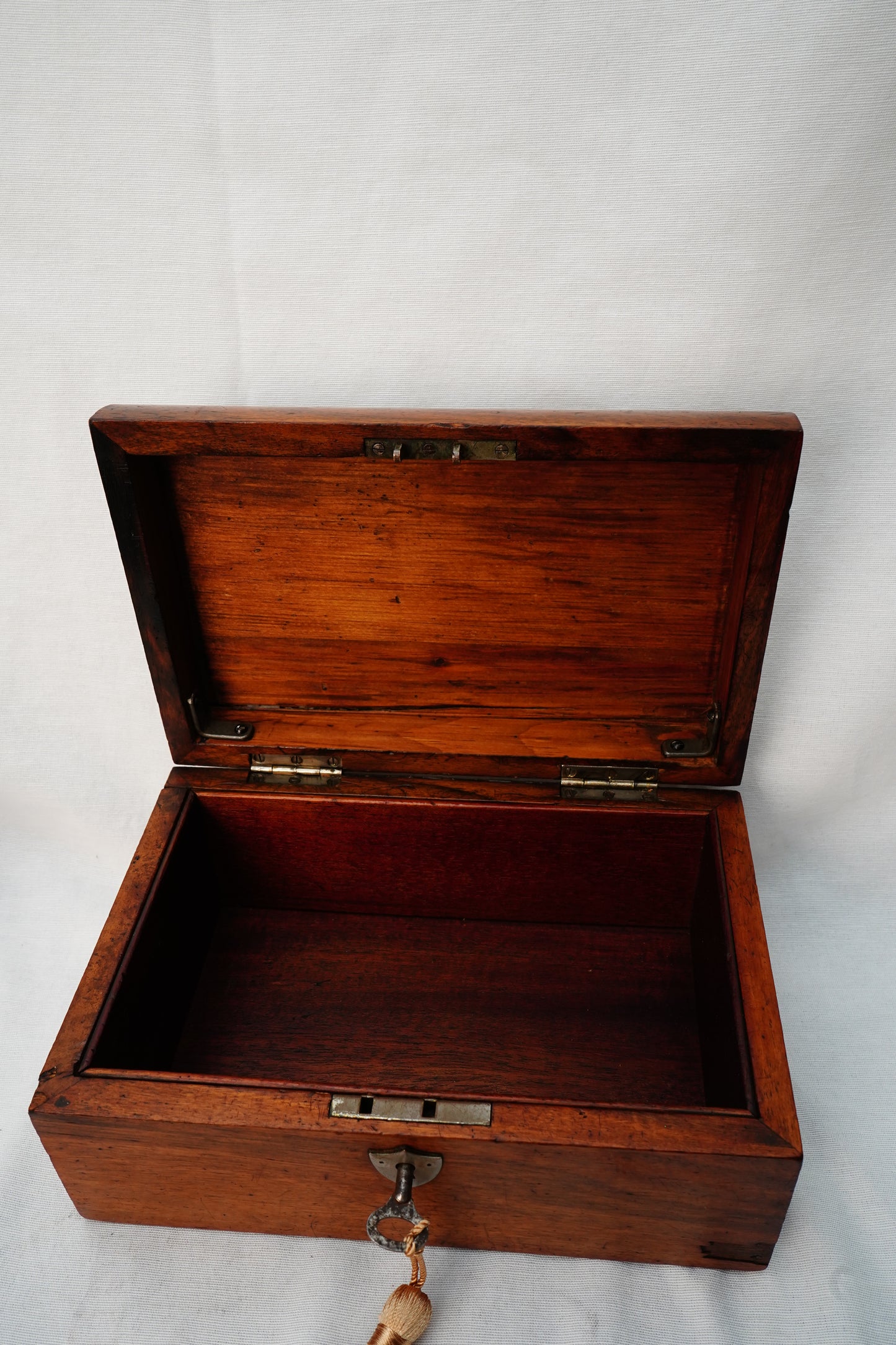 Antique English Dome-Top Walnut Veneer Jewelry or Stationery Box with Key, c. 1880–1910