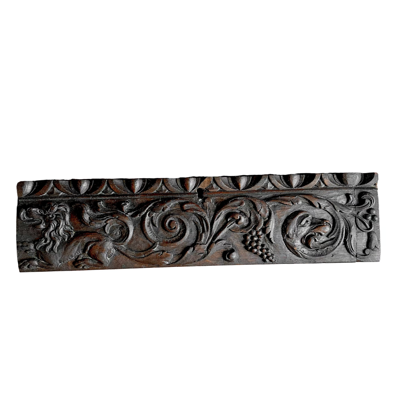 Antique Carved Oak Drawer Front | Renaissance Revival Lion, Grapevine & Acanthus | Architectural Salvage Wall Plaque c.1870–1900