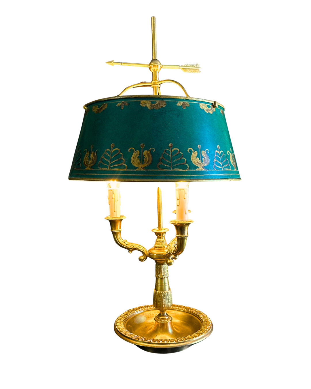 Antique French Bouillotte Lamp with Hand-Painted Tole Shade | Gilt Bronze / Brass Mix, Neoclassical, c.1920