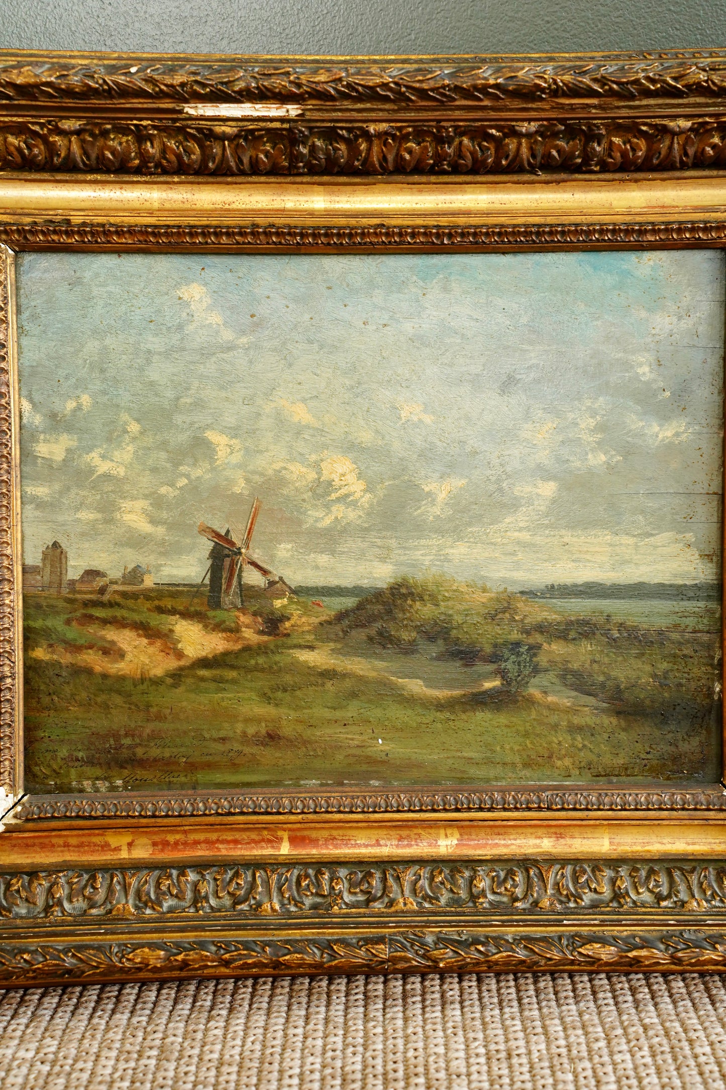 Antique Signed French Windmill Landscape Oil Painting on Panel, Dated 1879