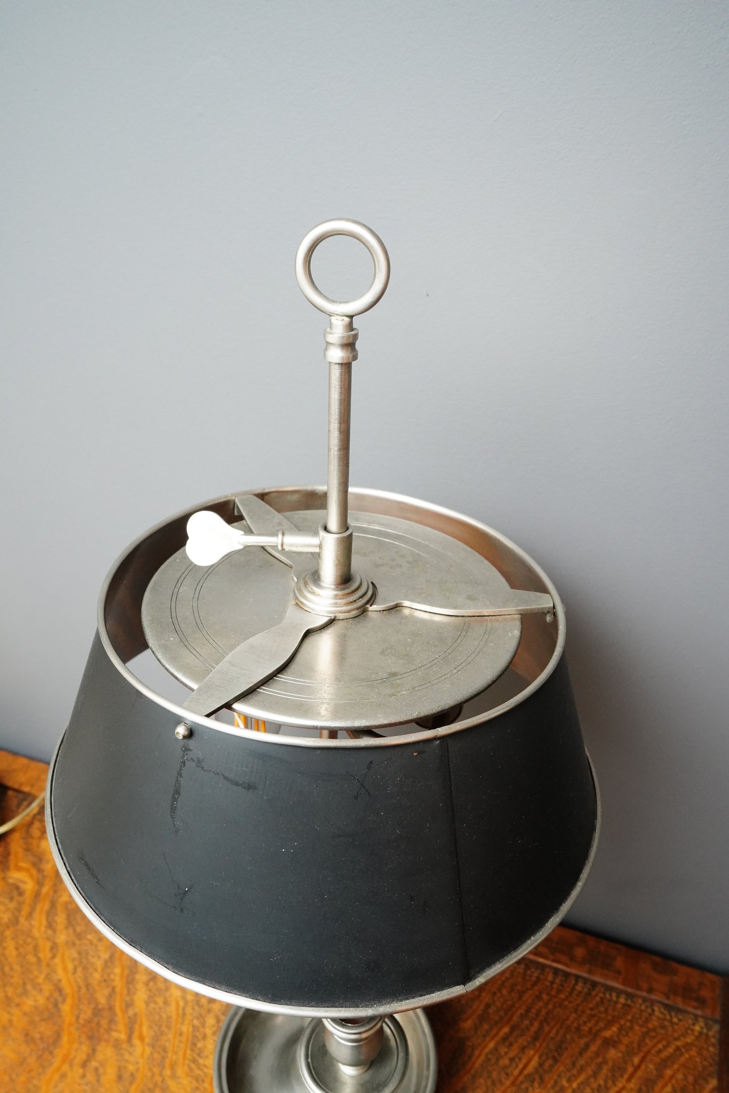 French Bouillotte Style Pewter-Toned Table Lamp with Adjustable Black Tole Shade