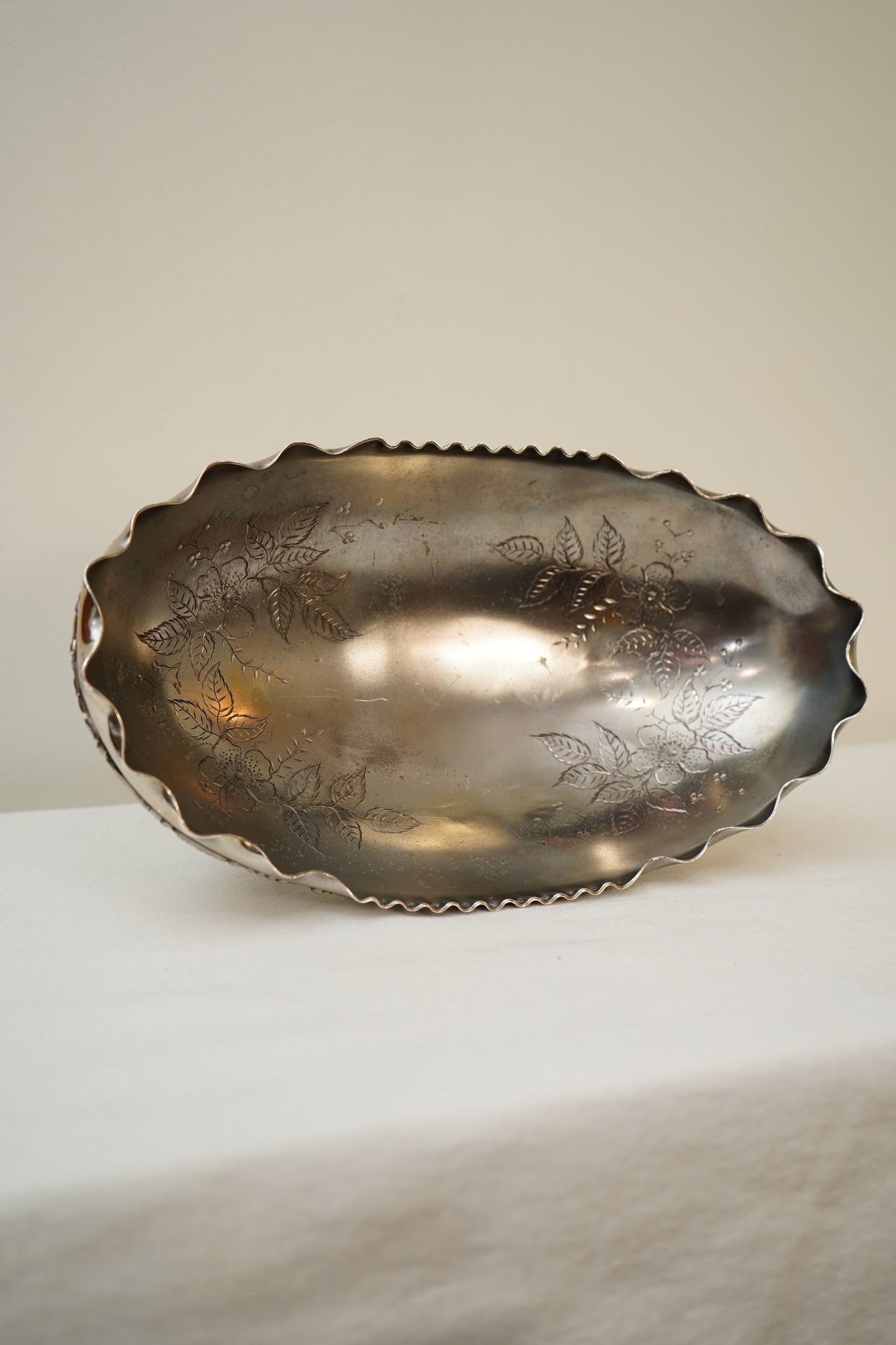 Antique Crescent Quadruple Silver Plate Footed Oval Bowl