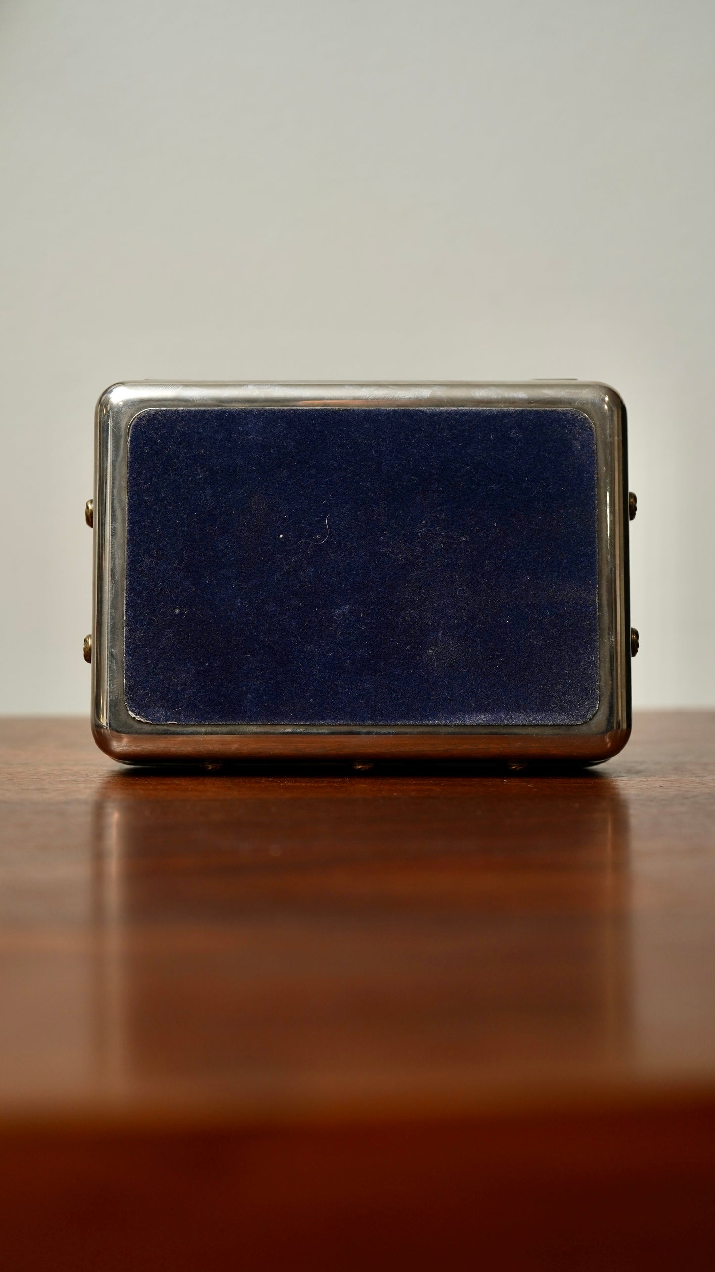 Vintage Silver-Plated Jewelry Box with Amethyst Glass Cabochon and Repoussé Medallion, Mid-20th Century