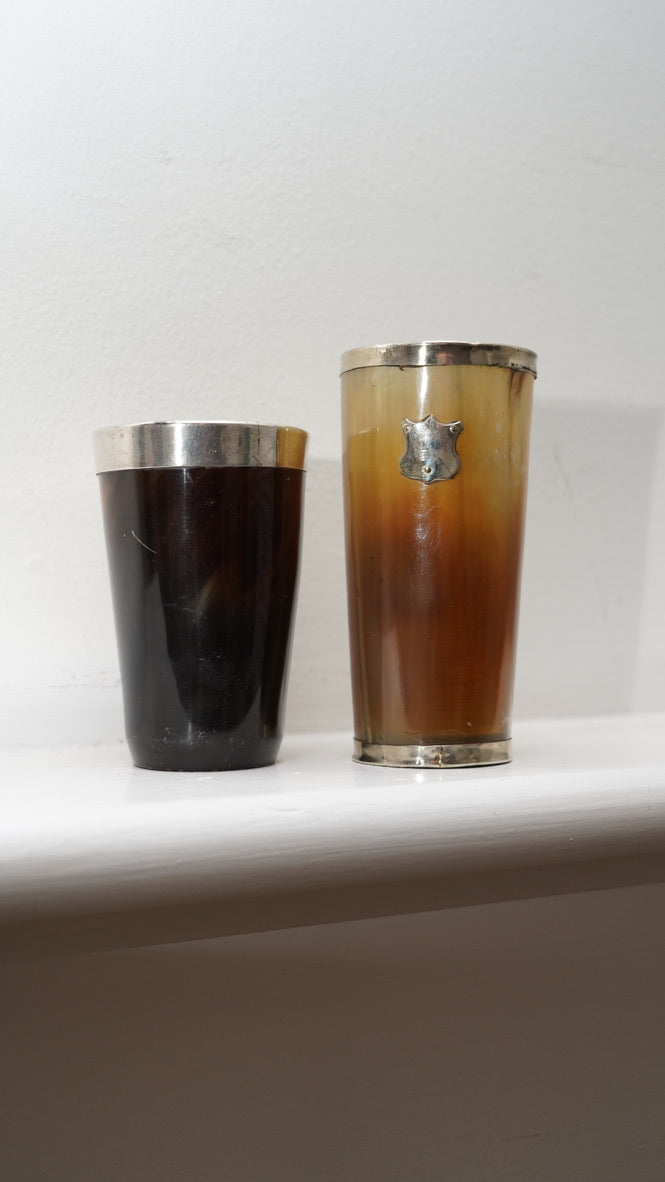 Antique English Horn Drinking Cup with Silver Plated Rim, Late Victorian c. 1880–1900