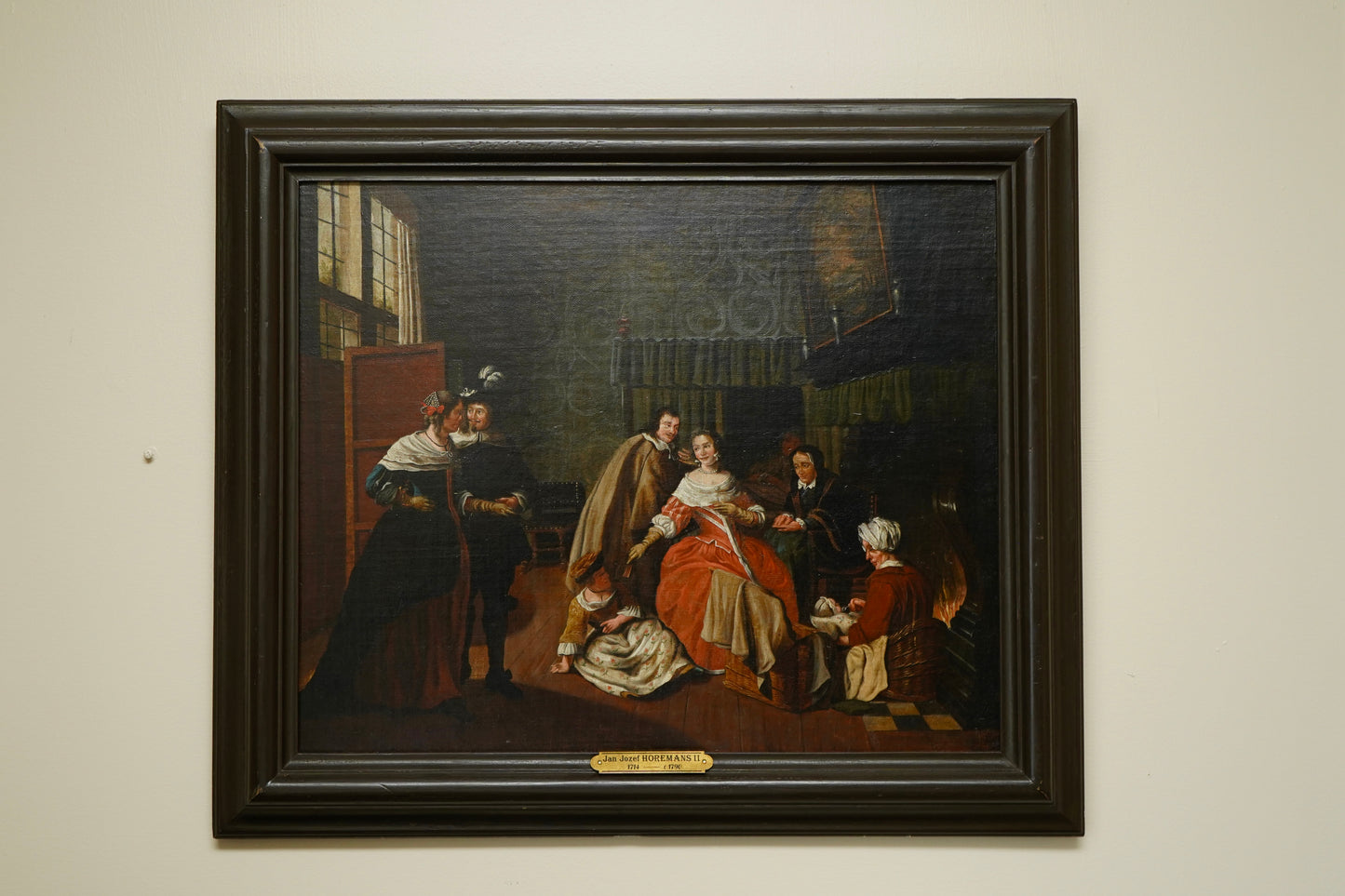 "Meeting in the Parlour" Oil on Canvas Attributed to Jan Josef Horemans (Belgium artist, 1714-1790)