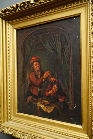 Antique Dutch Genre Oil on Metal Painting, “The Scholar” Pendant to “The Dentist”