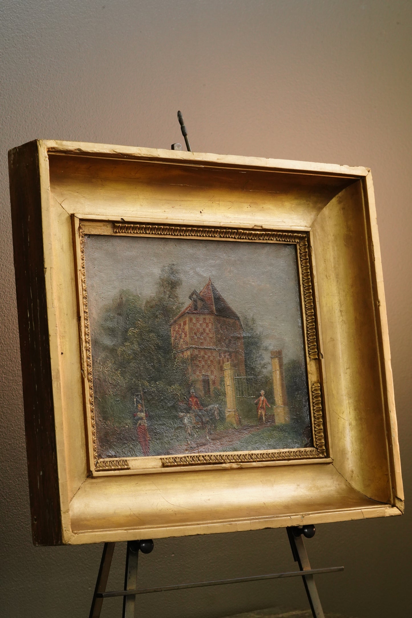 Antique French Genre Oil Painting of Estate Gate and Figures | 19th Century Oil on Canvas