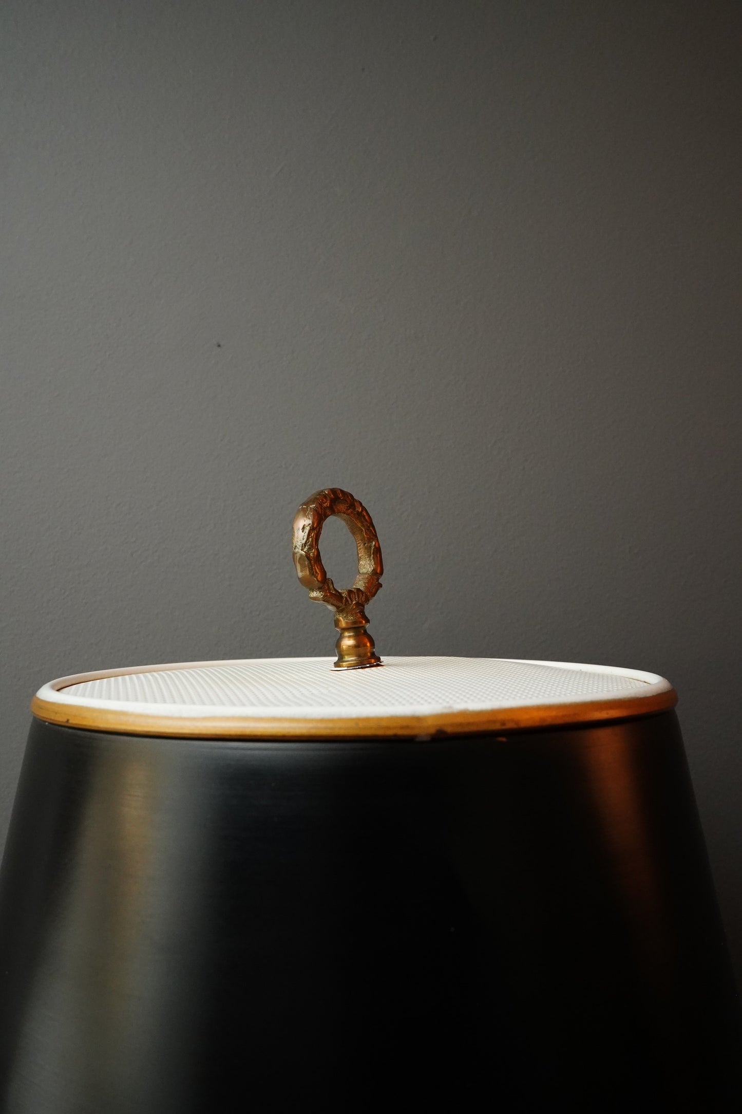 French Bouillotte-Style Three-Light Tole Shade Table Lamp, Black and Brass