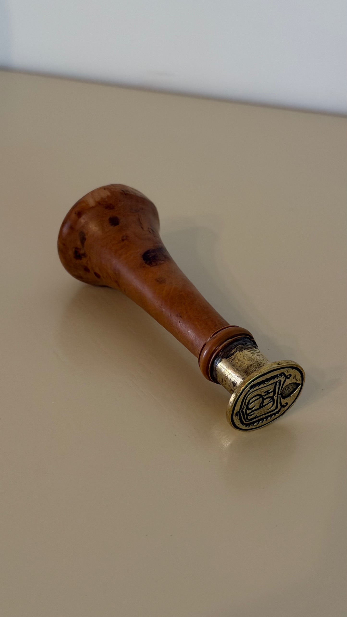 Antique French Armorial Wax Seal Fruitwood Brass Ca. 1880