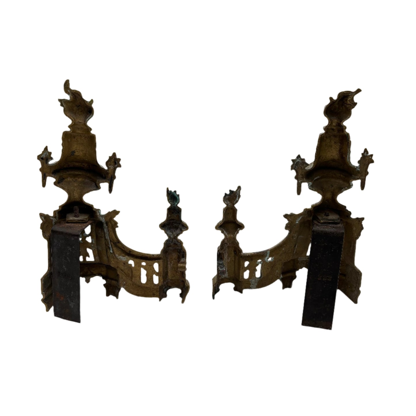 Antique Neoclassical Louis XVI-Style Brass Andirons with Urn and Flame Finials, Pair of Antique Brass Fireplace Fire Dogs