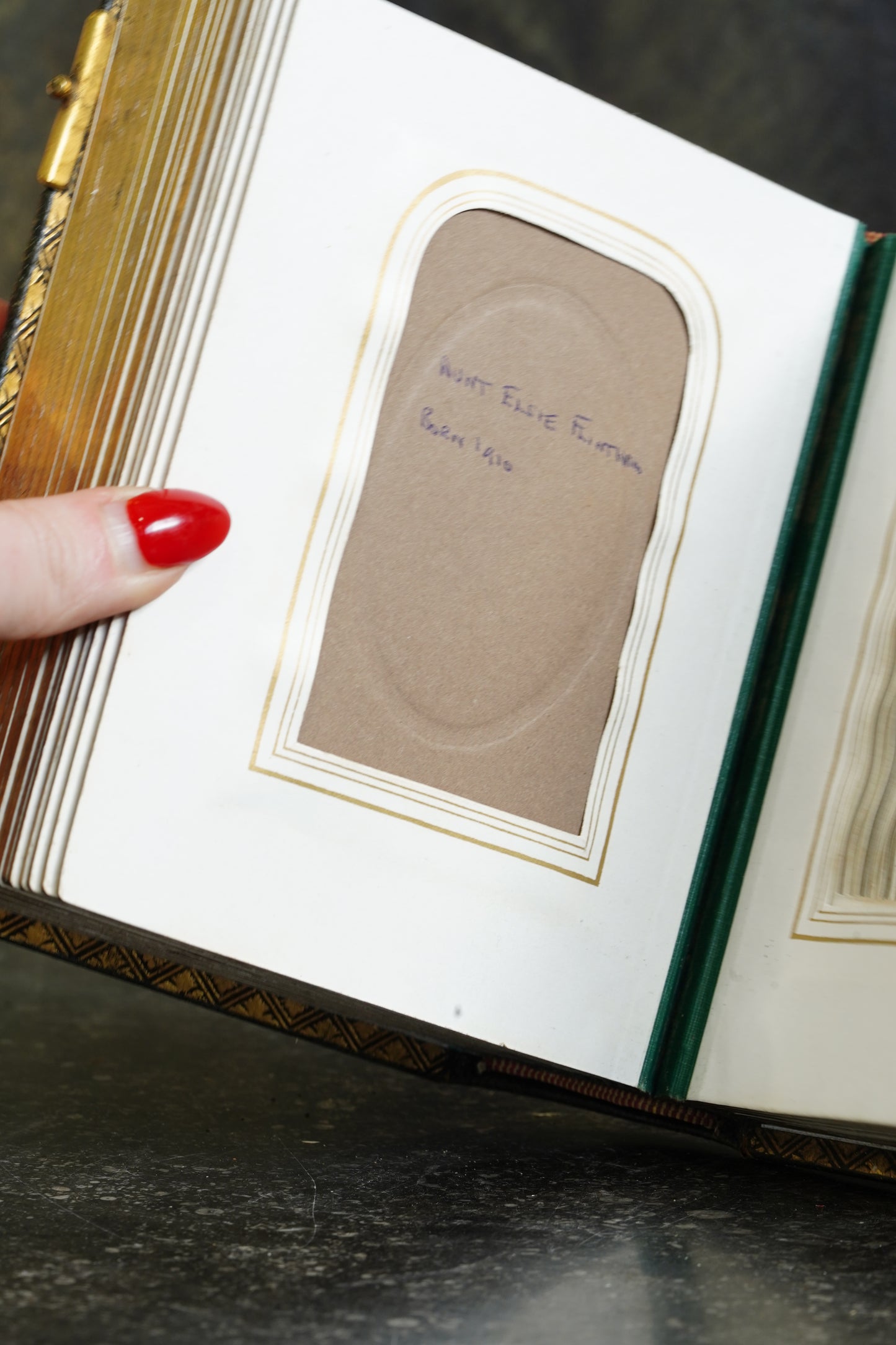 Antique Victorian Photograph Album, Green Morocco and Gilt Brass