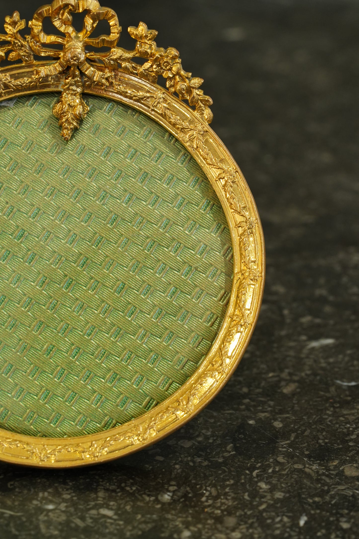 Antique French Gilt Brass Oval Picture Frame with Bow Crest