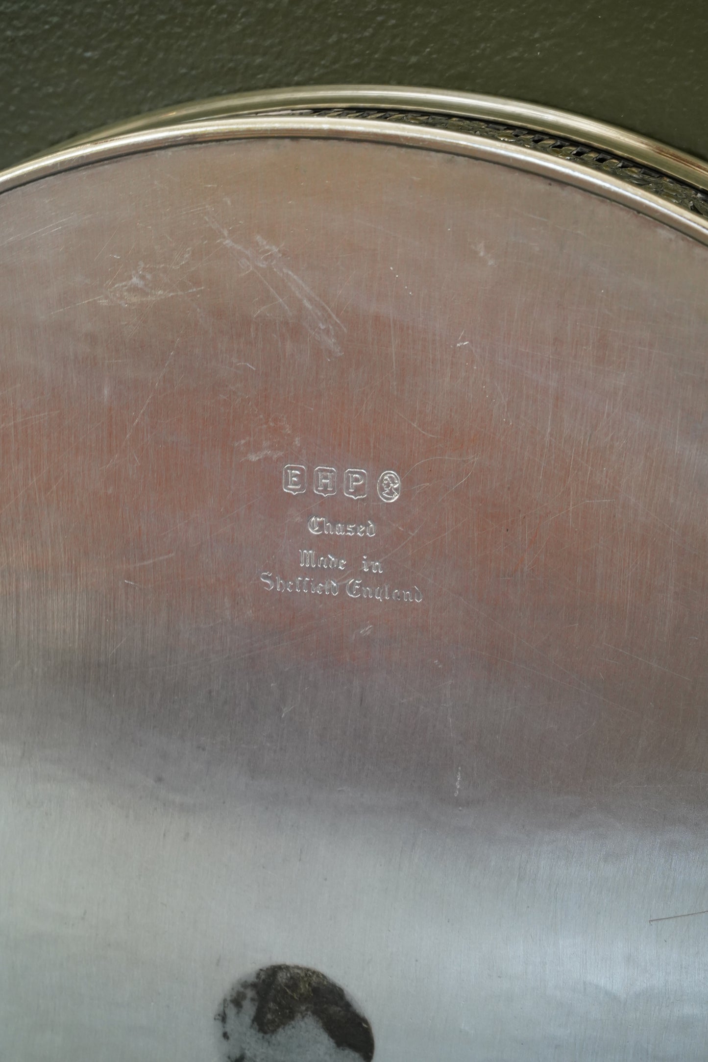 Antique Round English Silverplate Gallery Tray, Chased, Sheffield