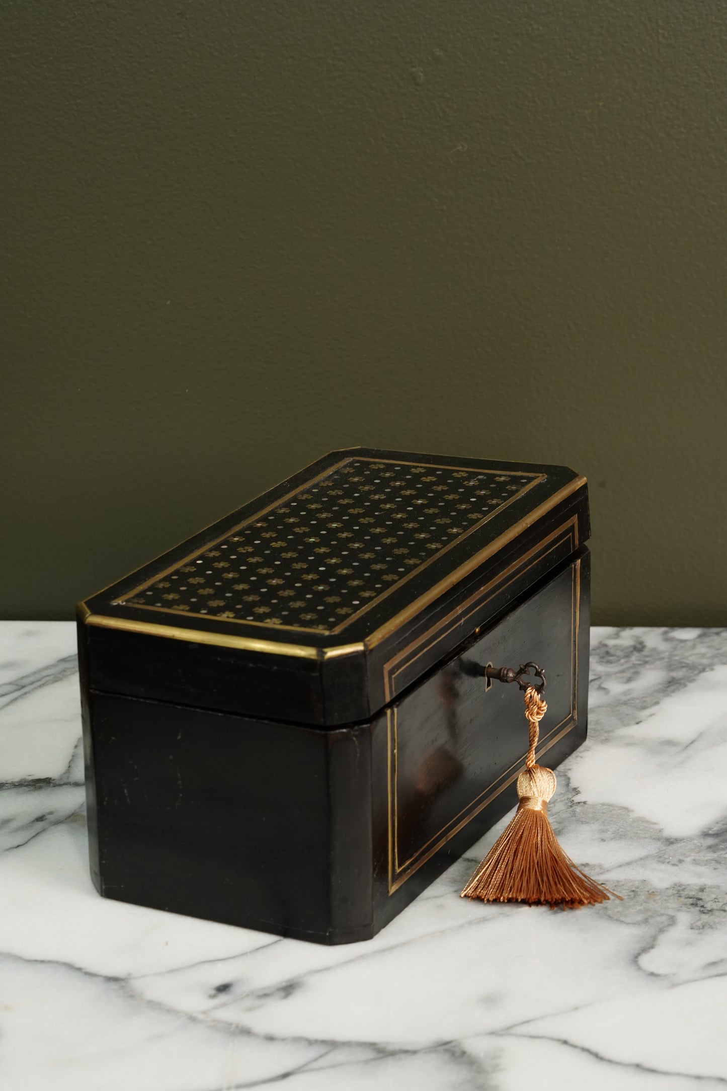 French Napoleon III Ebonized Tea Caddy with Mother of Pearl and Brass Inlay, Circa 1870