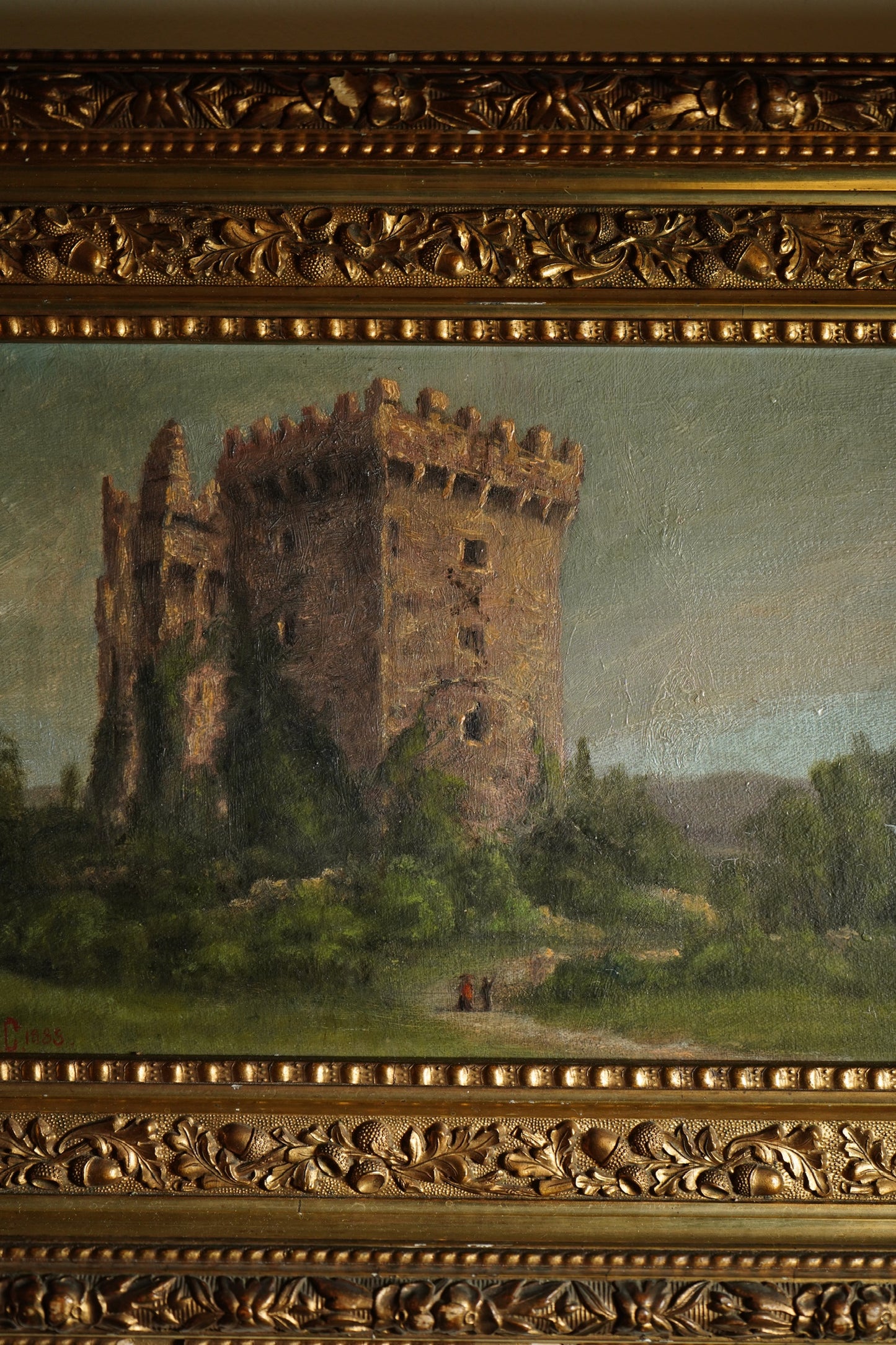Victorian Irish Castle Ruin Oil Painting, Likely Blarney Castle, Signed L. S. C 1888, in Deep Gilt Frame