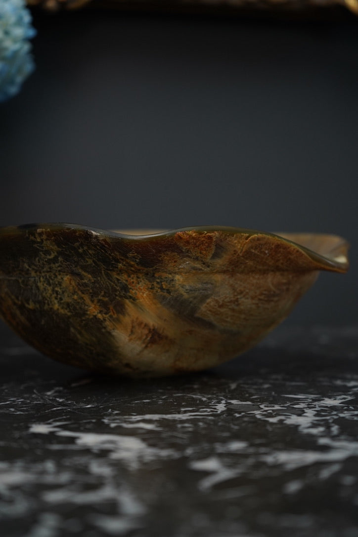 Antique Hand-Carved Horn Bowl | Natural Polished Horn Decorative Vessel