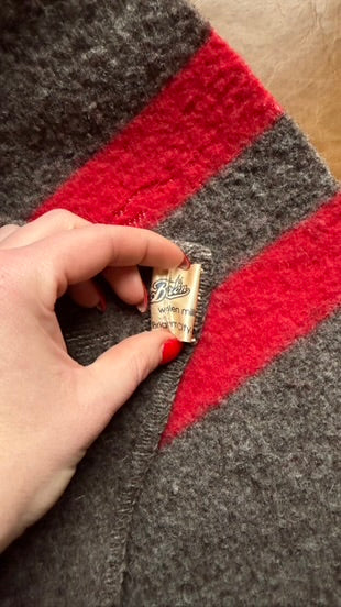 Mid-Century Wool Camp Blanket by Baron Woolen Mills in Grey with Red Stripes