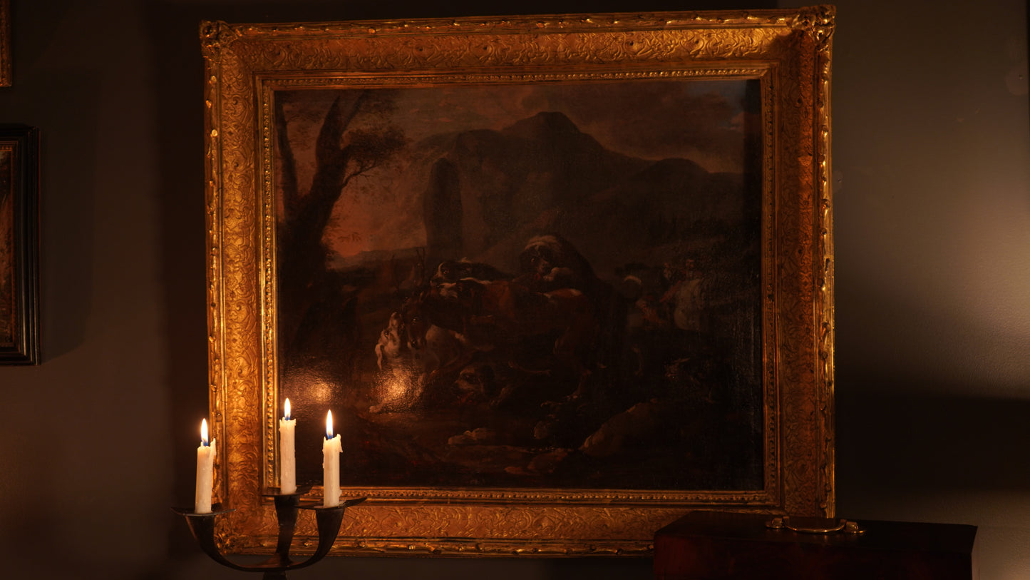 “Hounds Hunting Stag” – 18th Century French Oil Painting Attributed to the Fontainebleau Tradition