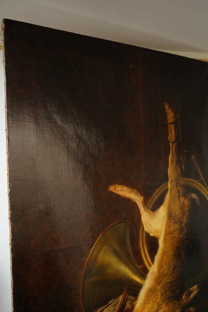 Antique Large 19th Century Continental Hunting Still Life Oil Painting, Hare and Horn