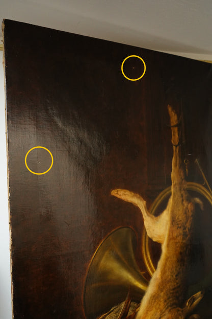 Antique Large 19th Century Continental Hunting Still Life Oil Painting, Hare and Horn