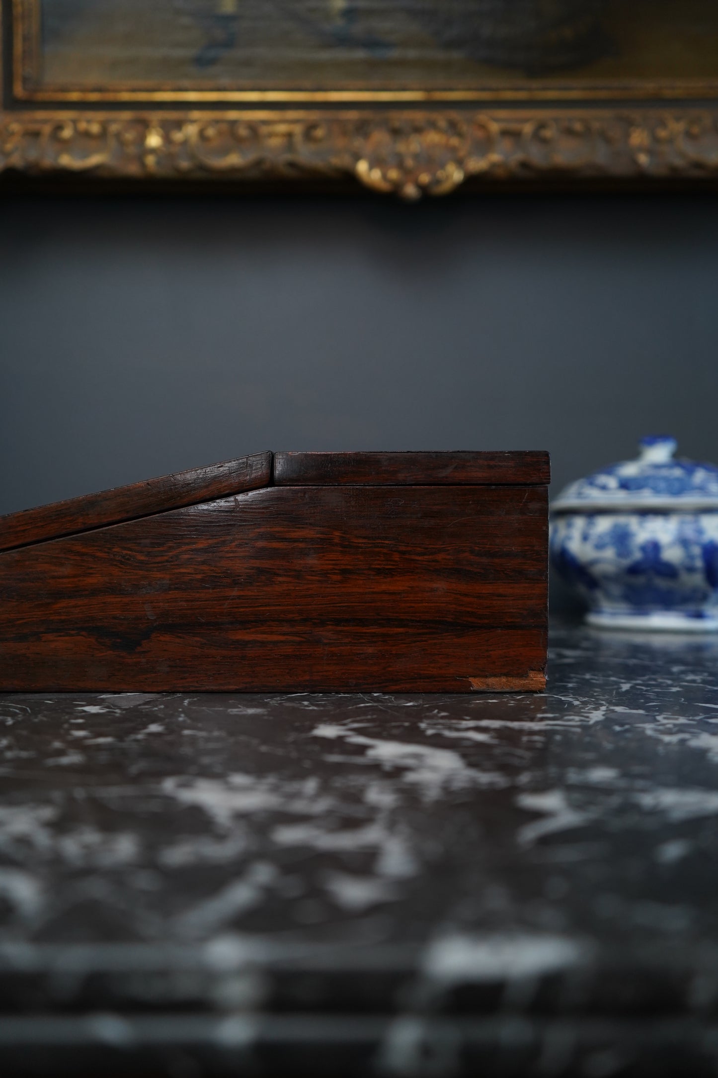 Antique Rosewood Writing Slope with Velvet Writing Surface and Inscriptions, Mid-19th Century