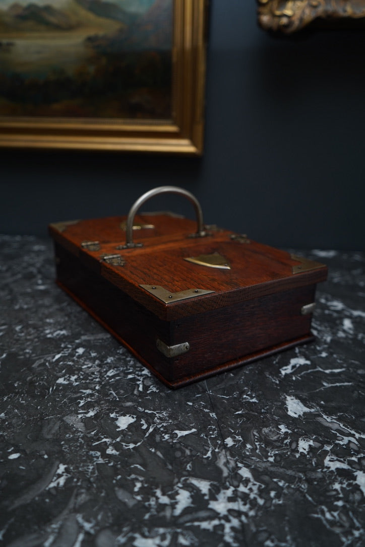 Antique Edwardian Oak & Silver-Plated Two-Compartment Stationery Box with Handle