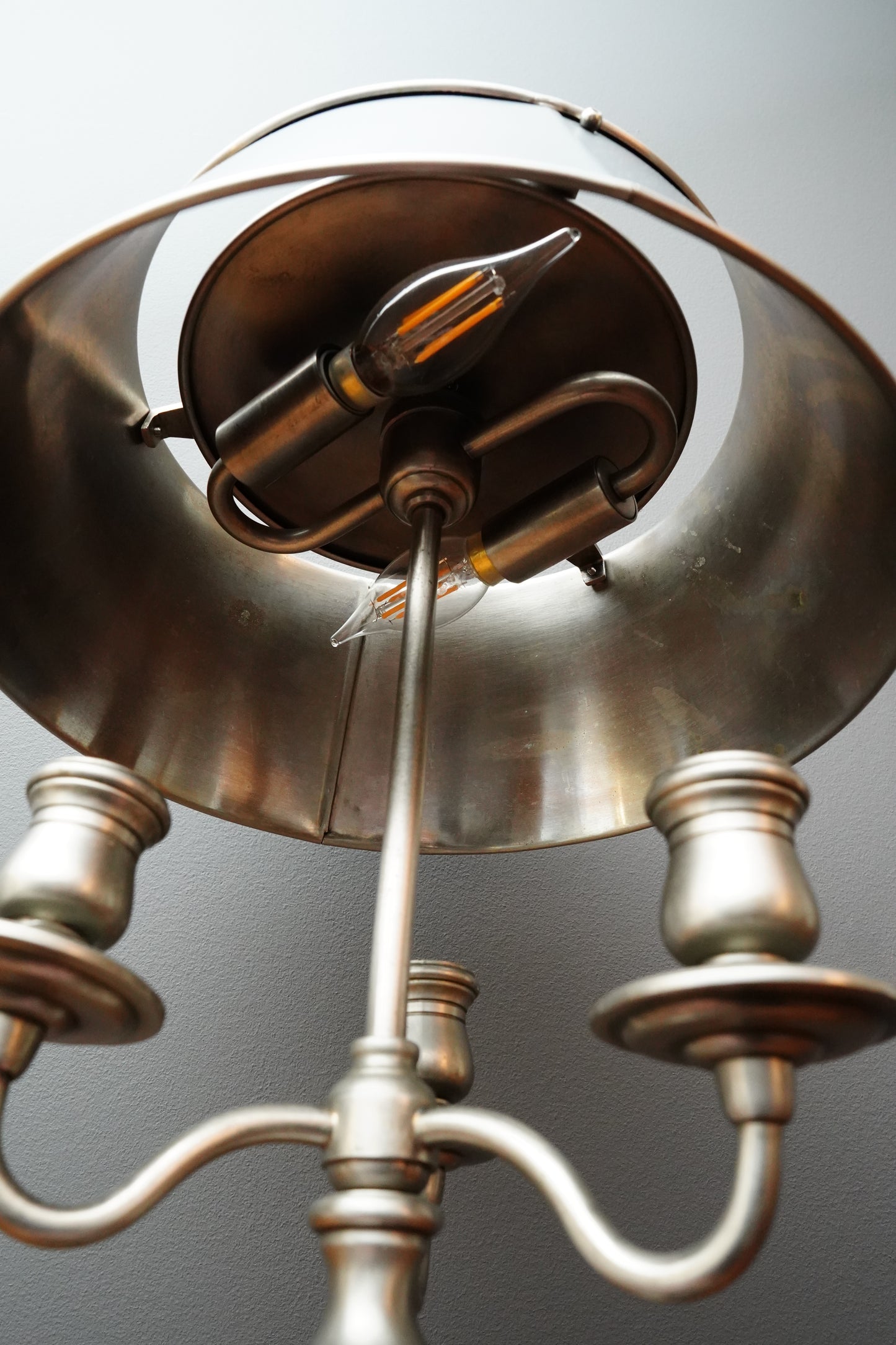 French Bouillotte Style Pewter-Toned Table Lamp with Adjustable Black Tole Shade