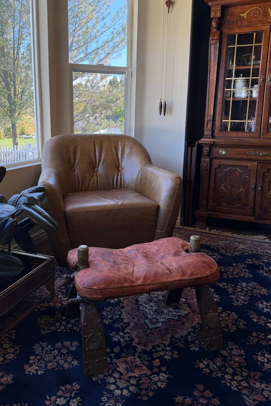 Vintage Middle Eastern Camel Saddle Stool with Embossed Leather Cushion & Brass Accents (c. 1950s)