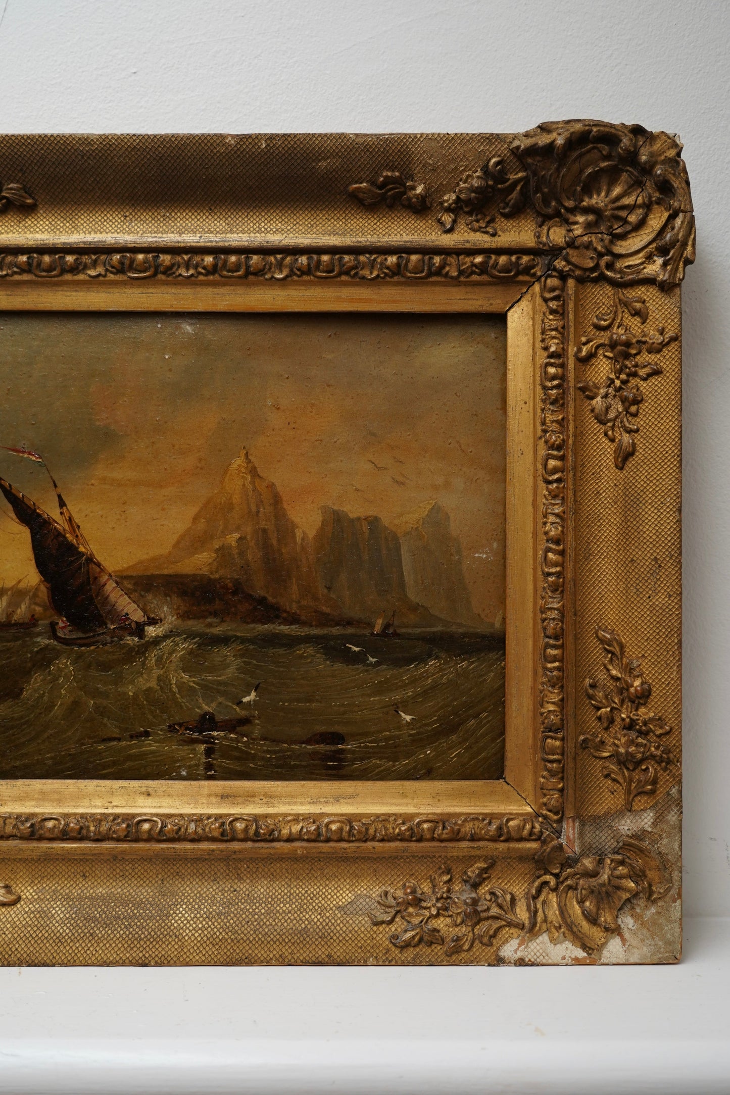 19th Century British Marine Painting – “Gibraltar from the Sea” | Antique Oil on Board in Gilt Frame