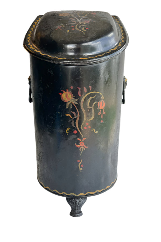Antique European Hand‑Painted Tole Coal Scuttle | Victorian Fireplace Bucket, c.1880
