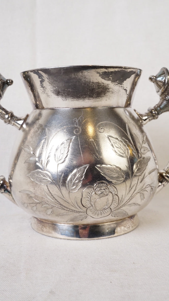 Antique Wm. Rogers Quadruple Silverplate Sugar Bowl with Floral Engraving, Hartford Conn.