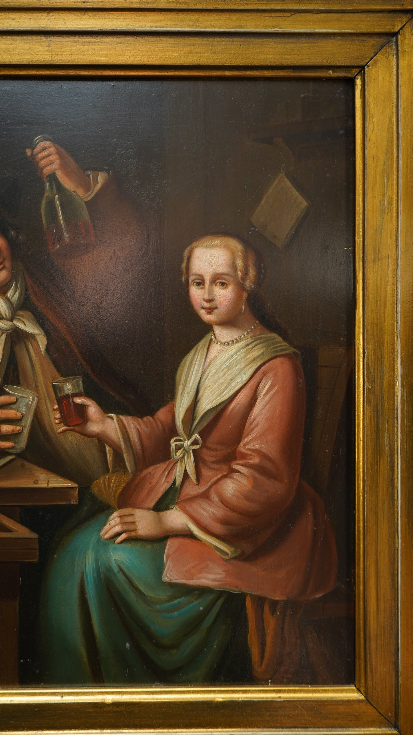 Antique Dutch Tavern Scene Oil Painting on Tin | 19th Century Genre Artwork in Ornate Frame