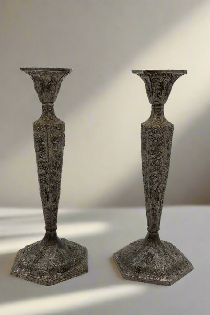 Pair of Weidlich Brothers Dutch Windmill Repoussee Silver Plated Candleholders, Pair of Vintage Silver-Plated Candlestick Holders