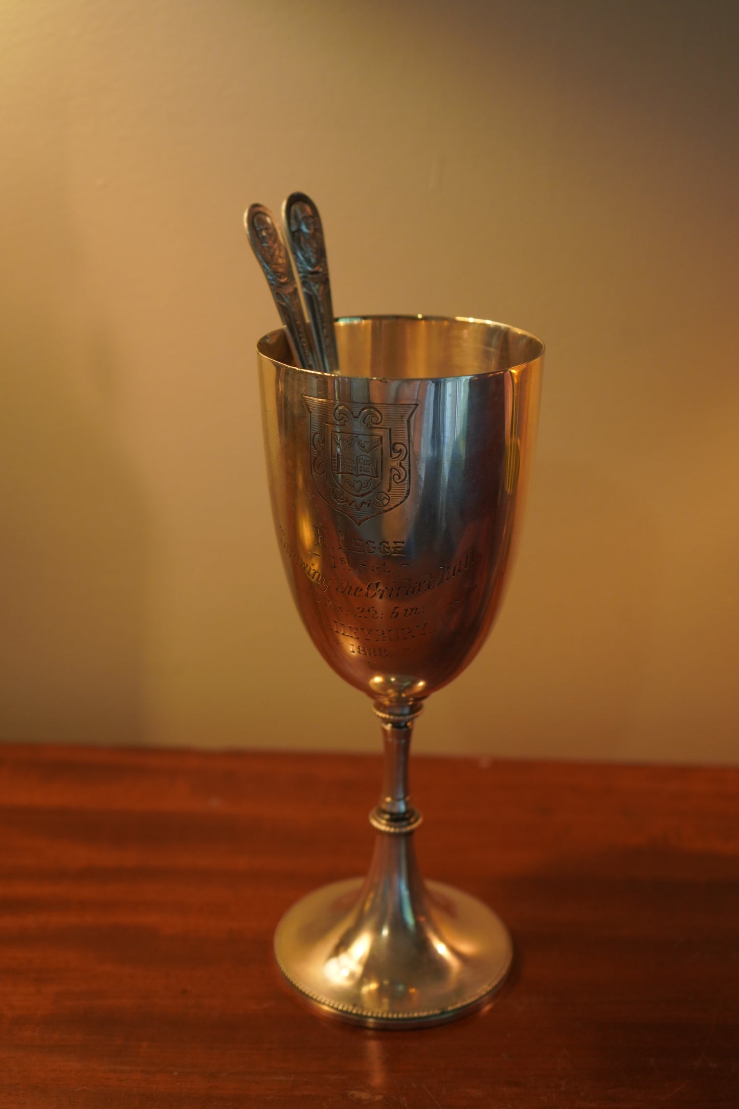 Antique English Silver Plated Trophy Goblet, "Haileybury College Throwing Cricket Ball Trophy Victorian 1888"