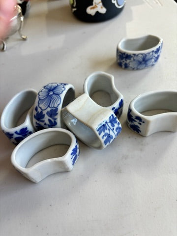 Vintage Blue and White Porcelain Napkin Rings, Set of 7