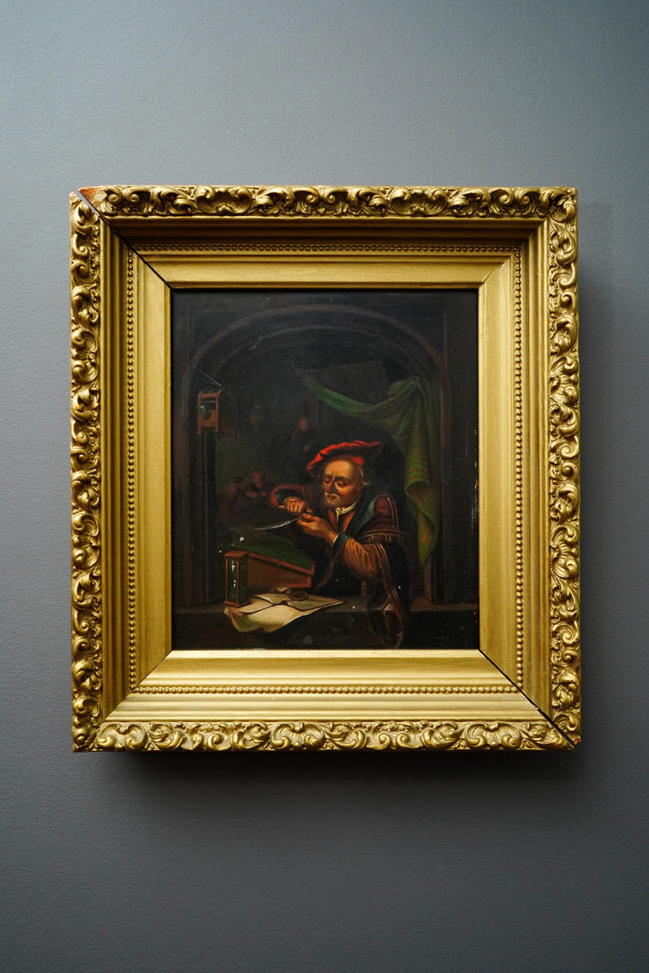Antique Dutch Genre Oil on Metal Painting, “The Scholar” Pendant to “The Dentist”