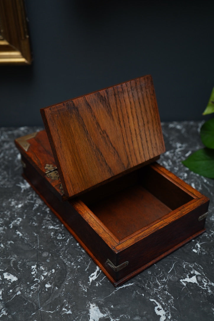 Antique Edwardian Oak & Silver-Plated Two-Compartment Stationery Box with Handle