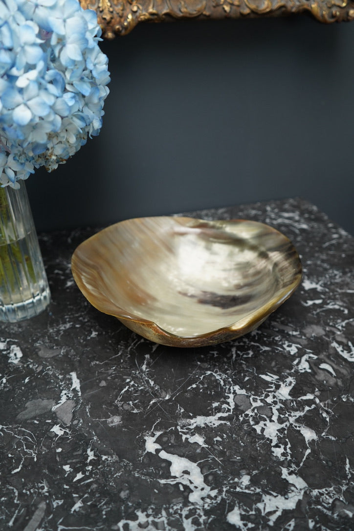 Antique Hand-Carved Horn Bowl | Natural Polished Horn Decorative Vessel