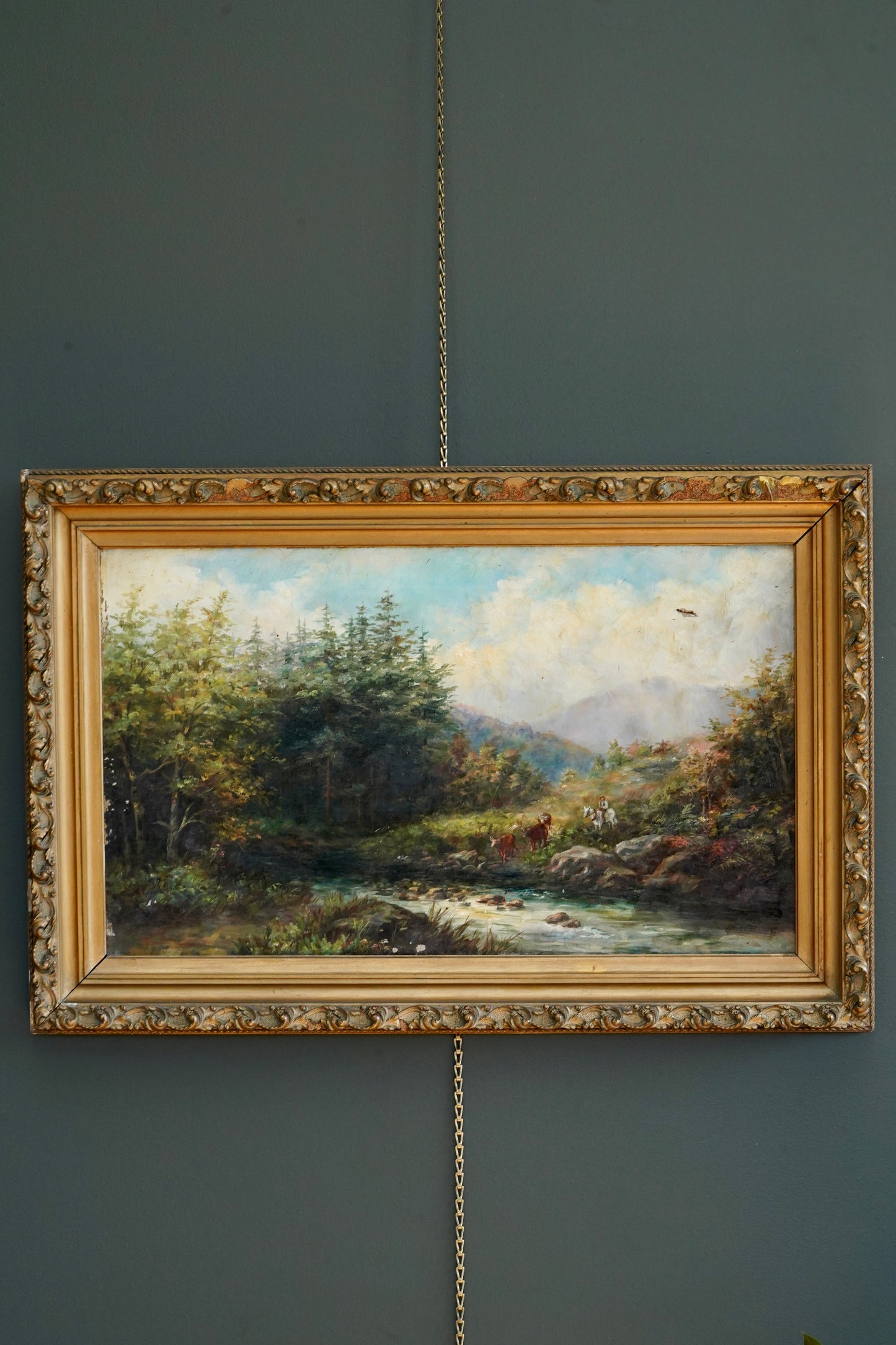 19th Century British River Landscape with Cattle and Drover, Oil on Canvas