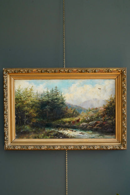 19th Century British River Landscape with Cattle and Drover, Oil on Canvas