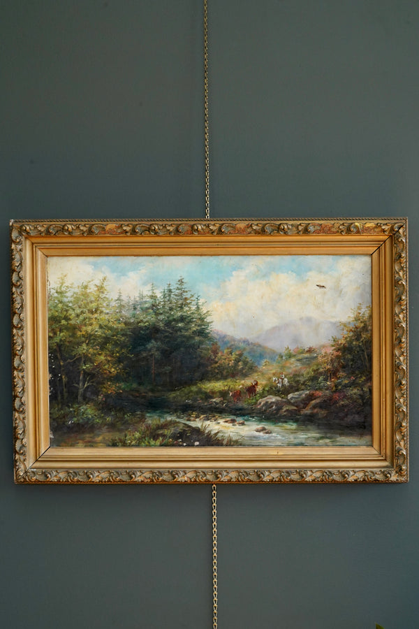 19th Century British River Landscape with Cattle and Drover, Oil on Canvas