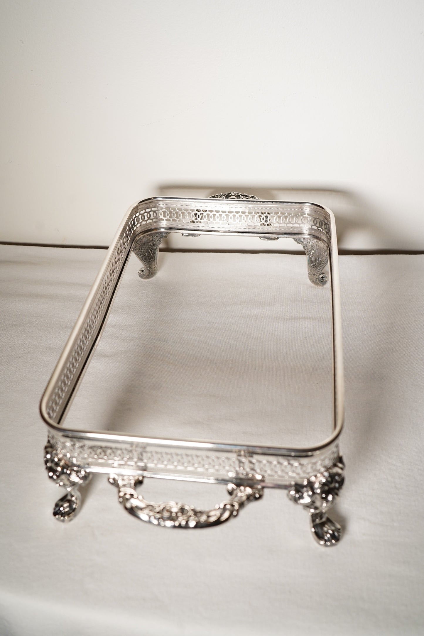 Antique Silver Plated Casserole Dish Holder Stand with Pierced Gallery