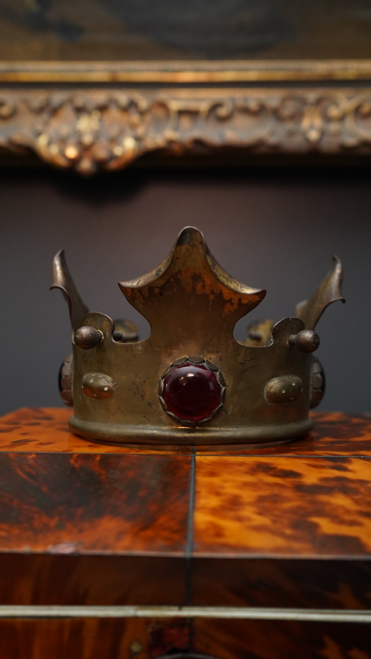 Antique Brass Crown Mount with Red Glass Jewels | Gothic Revival Altar Ornament c.1880–1920