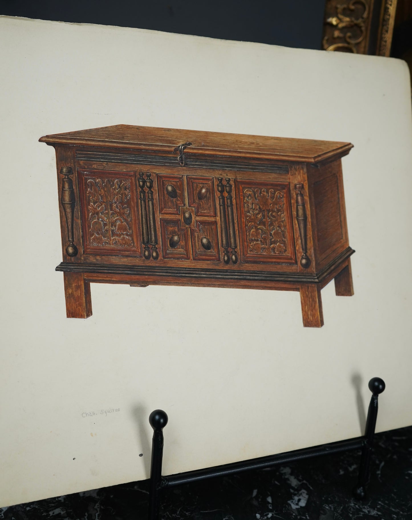 Antique Furniture Illustration – Colored Pencil Rendering of a Jacobean Oak Chest by Chas. Squires, c.