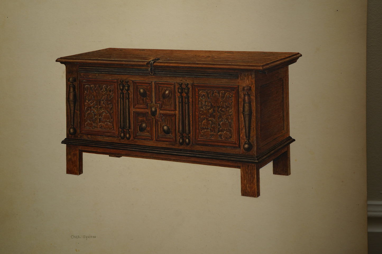 Antique Furniture Illustration – Colored Pencil Rendering of a Jacobean Oak Chest by Chas. Squires, c.