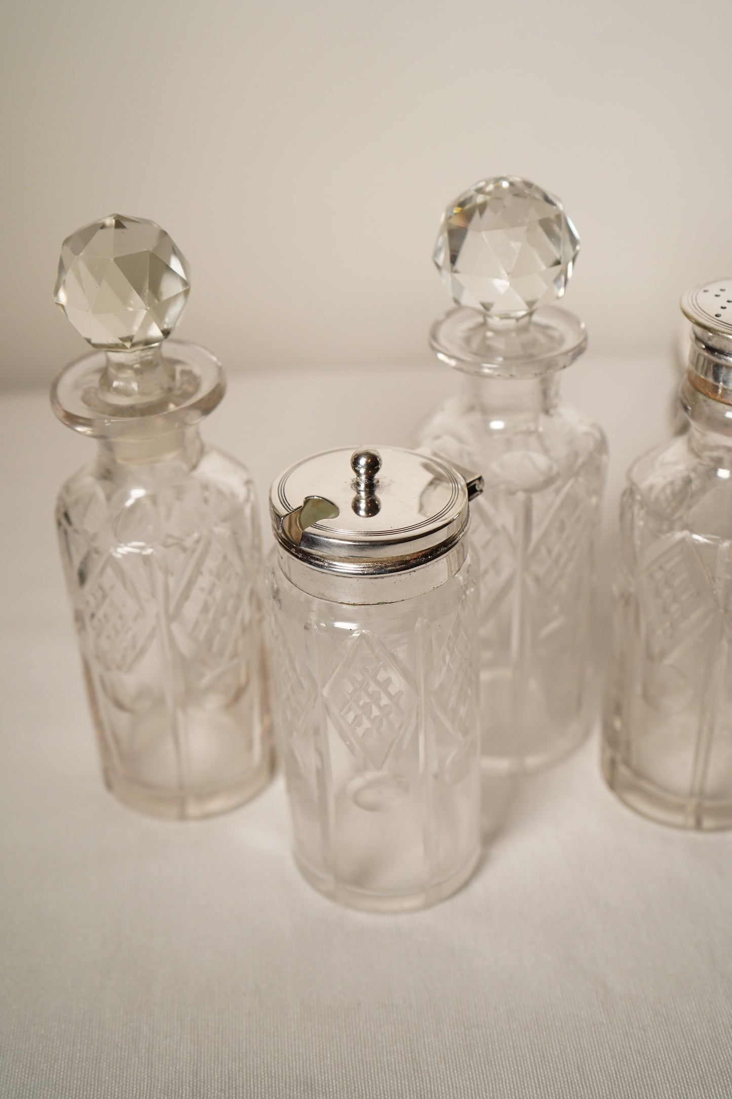 Antique Victorian Silver Plated Cruet Set with Four Cut Glass Bottles, English, c. 1880–1910