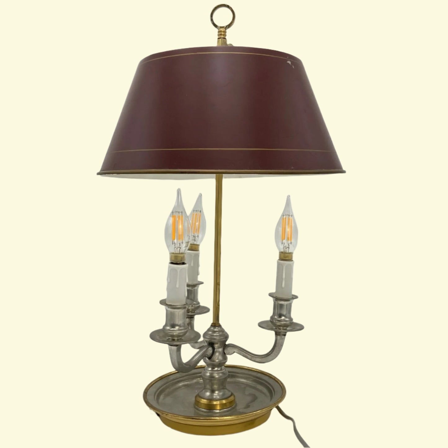 Vintage French Bouillotte Lamp with Maroon Metal Shade