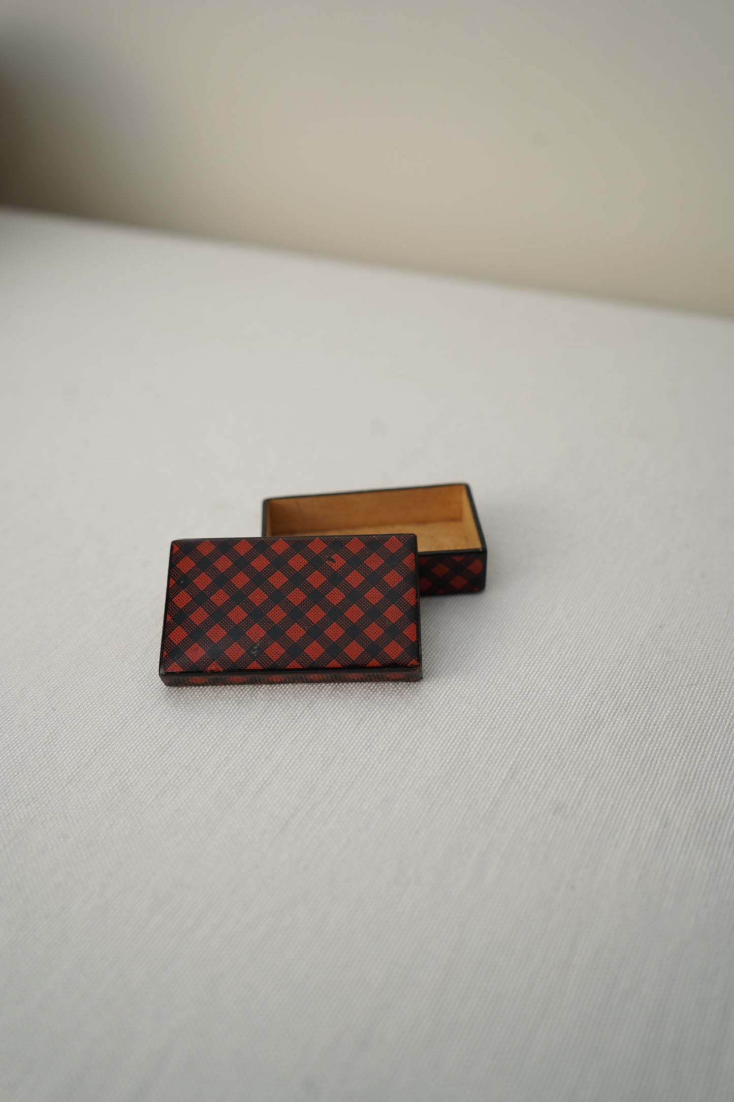 Antique Victorian Scottish Tartanware Box, Painted Red and Black Tartan, c. 1860–1890