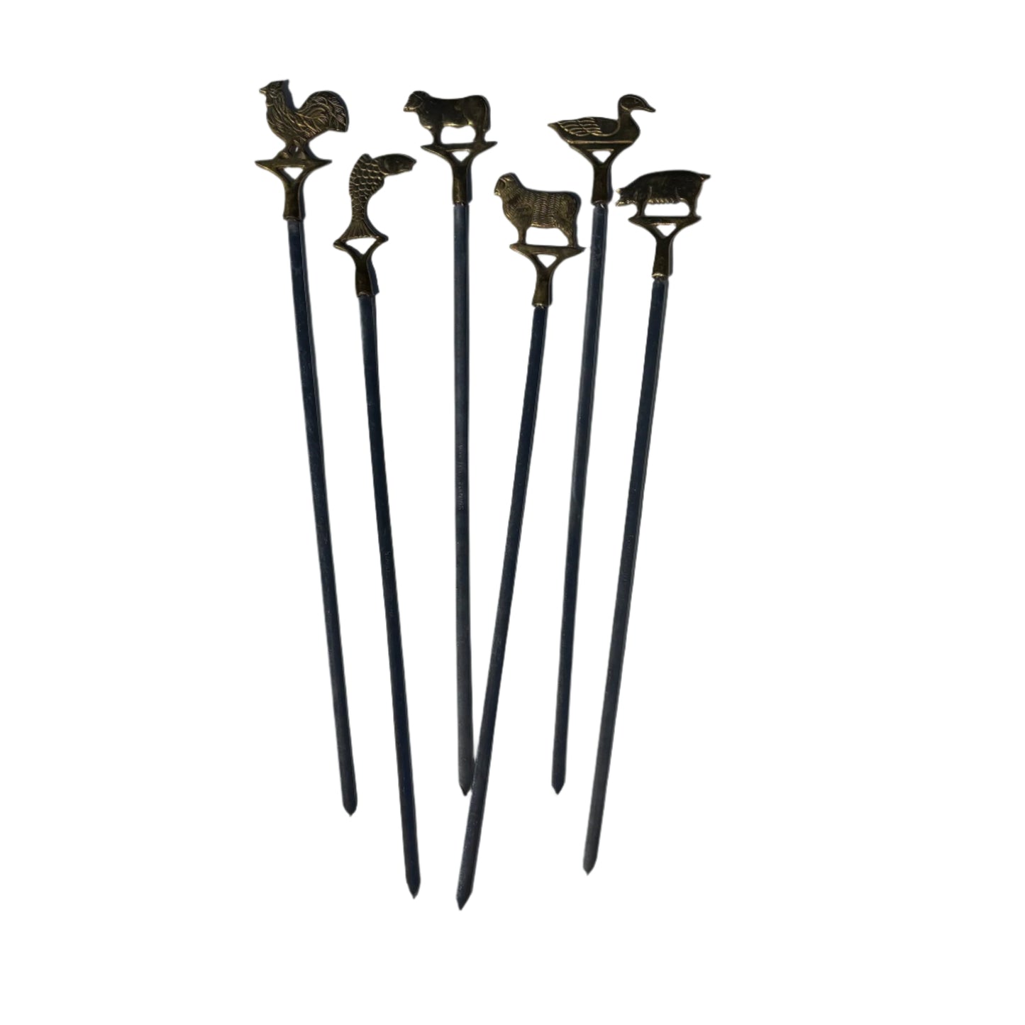 Mid-Century Brass Animal Meat Markers – Set of 6 Carving Skewers