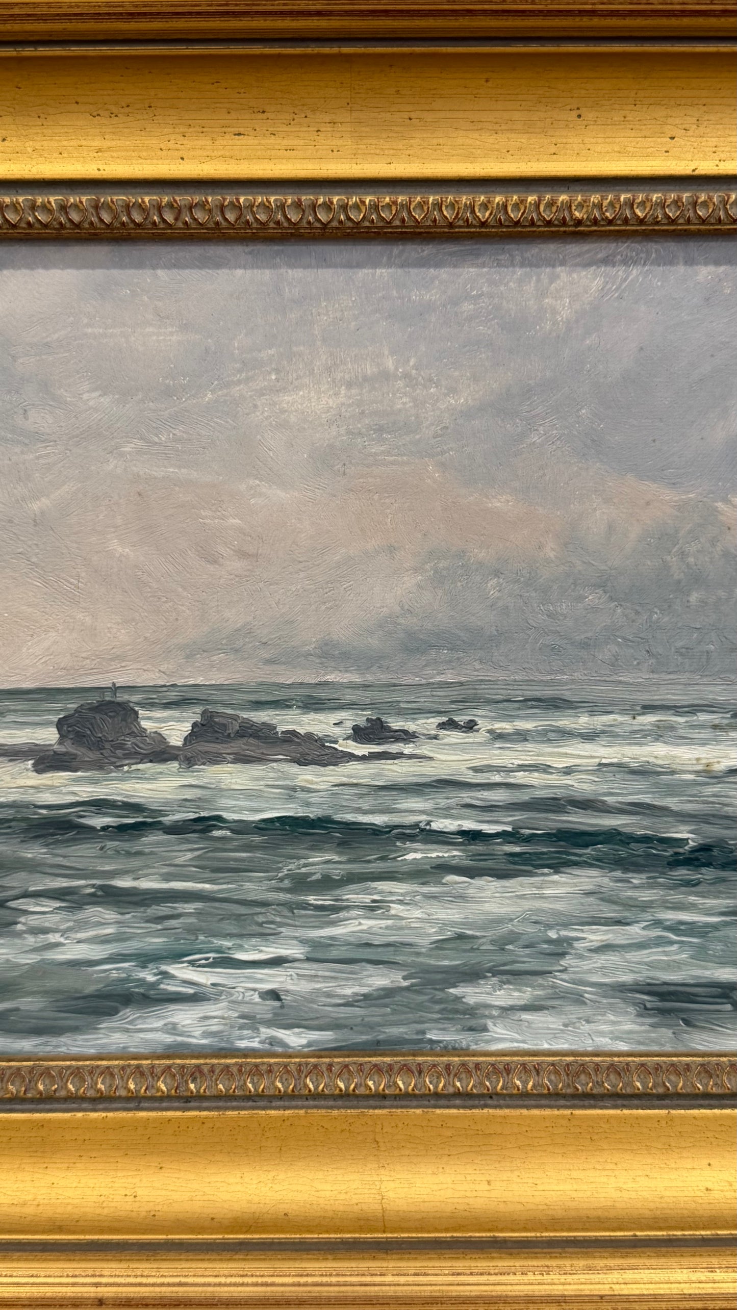 Antique British Marine Oil Painting, Rocky Coastal Seascape, Circa 1900